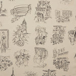Folded linen swatch with black hand-drawn illustrations of New York City landmarks on a tan background.