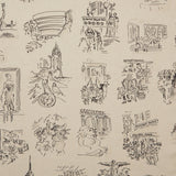 Folded linen swatch with black hand-drawn illustrations of New York City landmarks on a tan background.