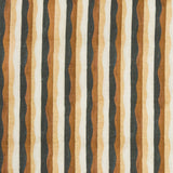 Woven fabric swatch in a curvy hand-painted stripe pattern in shades of brown, tan and white.