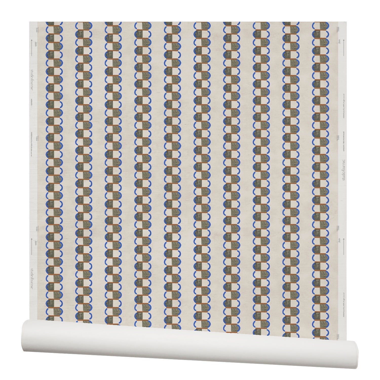 Partially unrolled wallpaper in a repeating mosaic stripe print in shades of blue, rust and gray on a cream field.