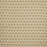 Woven fabric swatch in a repeating mosaic print in shades of brown and gray-blue on a tan field.