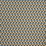 Woven fabric swatch in a repeating mosaic print in shades of blue, rust and gray on a cream field.