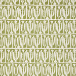 Woven fabric swatch in an abstract tulip print in a repeating stripe on a sage field.
