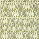 Woven fabric swatch in an abstract tulip print in a repeating stripe on a sage field.
