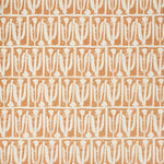 Woven fabric swatch in an abstract tulip print in a repeating stripe on a rust field.