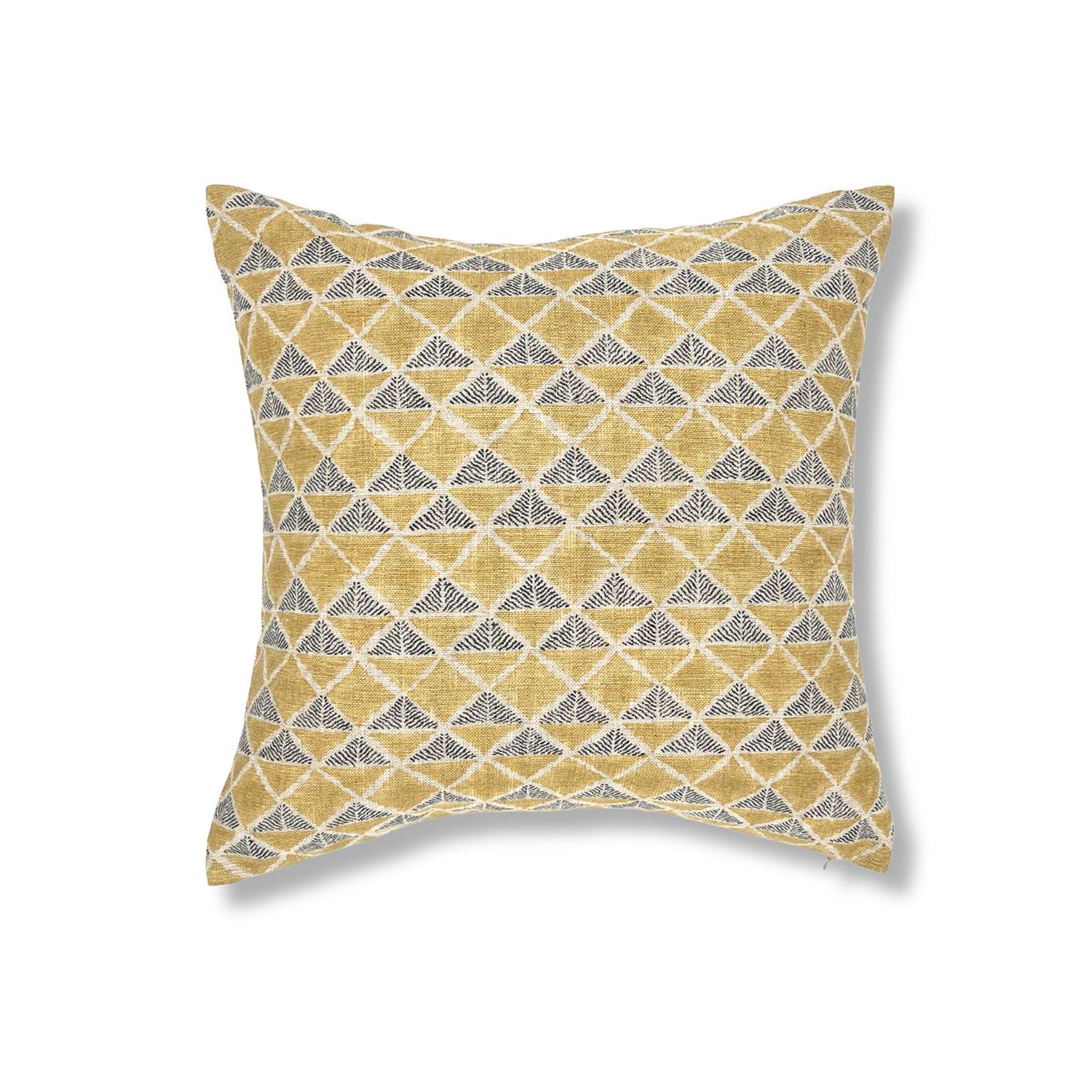 Block printed pillow with tan diamonds and navy cross hatched lines.