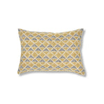 Block printed lumbar pillow with tan diamonds and navy cross hatched lines.