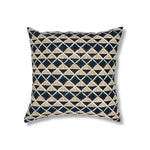 Block printed pillow with navy blue diamonds and rust brown cross hatched lines.