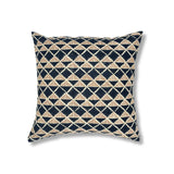 Block printed pillow with navy blue diamonds and rust brown cross hatched lines.