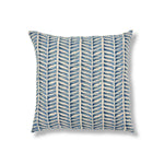 A square throw pillow featuring a vertical leaf-like pattern in shades of blue and cream, set against a plain white background.