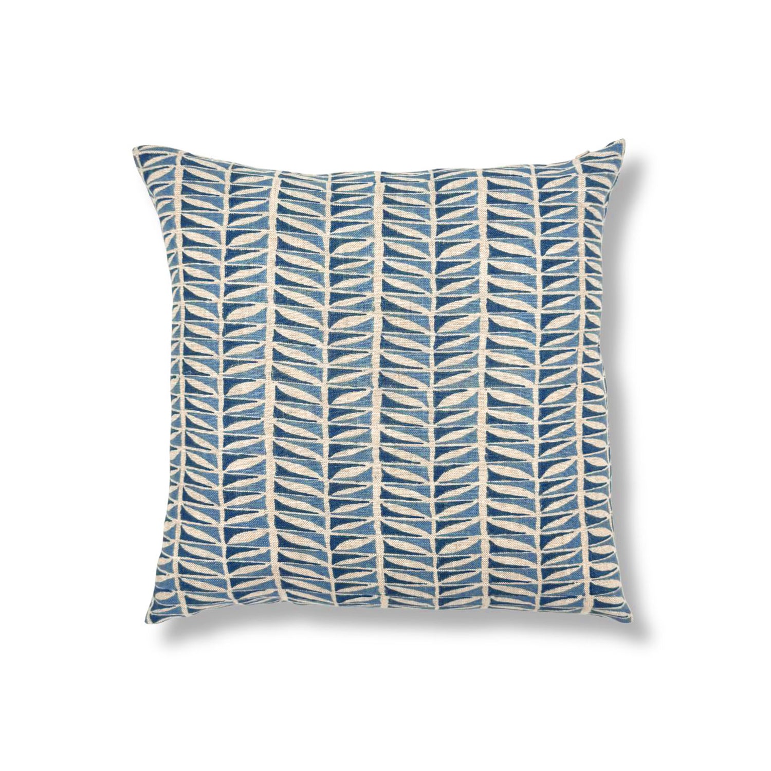 A square throw pillow featuring a vertical leaf-like pattern in shades of blue and cream, set against a plain white background.