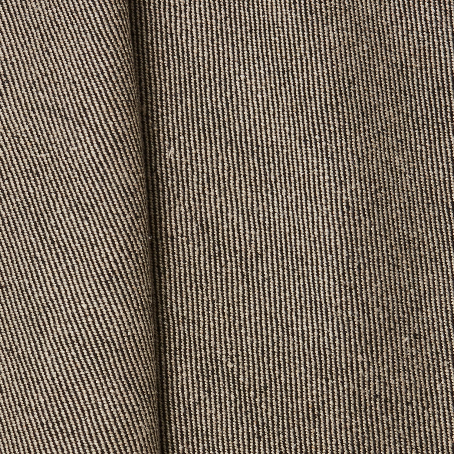 A draped swatch of linen fabric with a small-scale pattern of diagonal stripes in dark brown and tan.