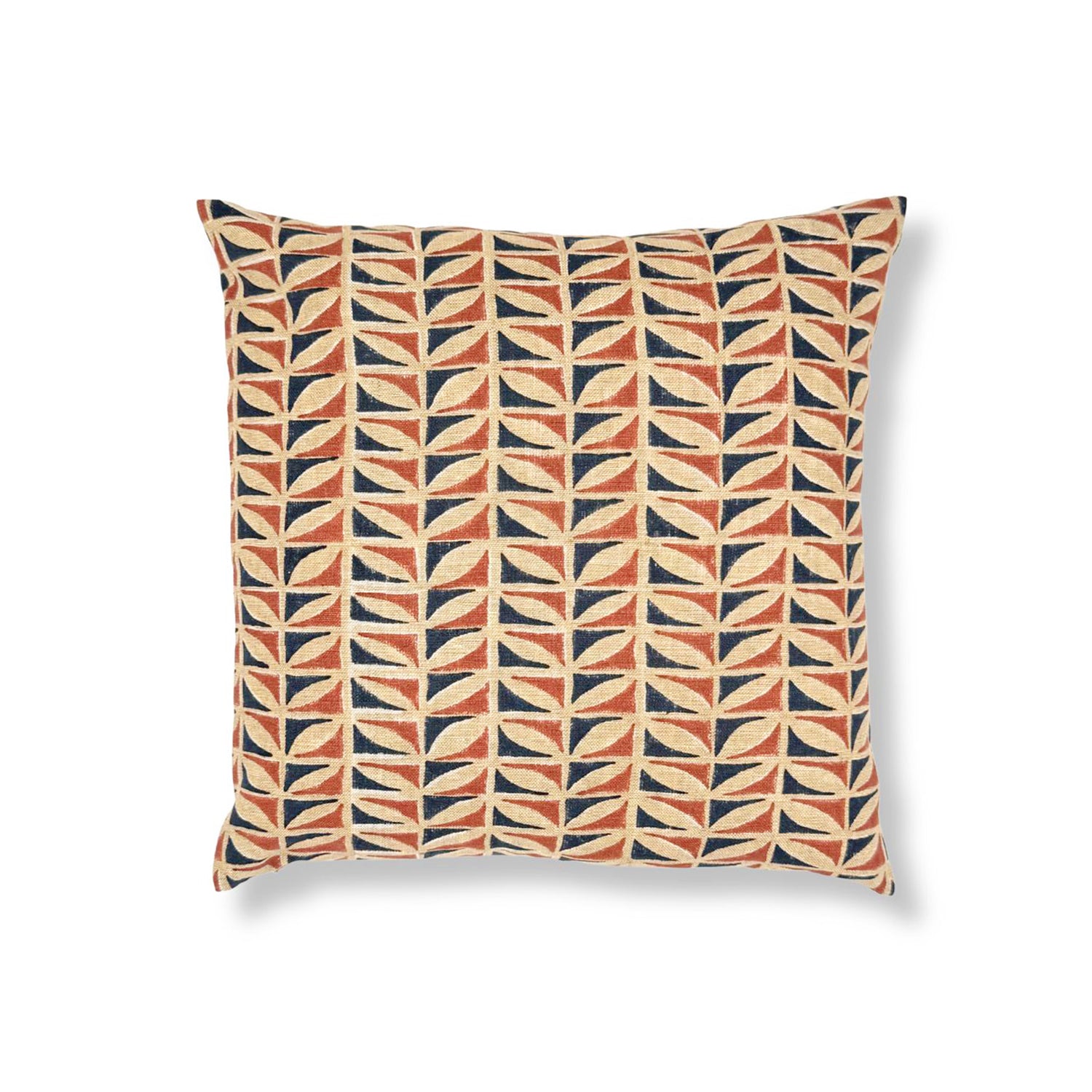 Block printed throw pillow with geometric leaf pattern in terracotta orange, beige, and dark navy blue on a white background.