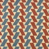 Detail of a handwoven run with alternating stripes of blue and red rhombi on a cream field. 