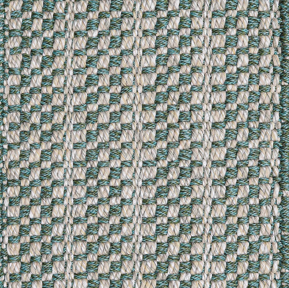 Broadloom carpet in a small scale plaid in turquoise and cream.