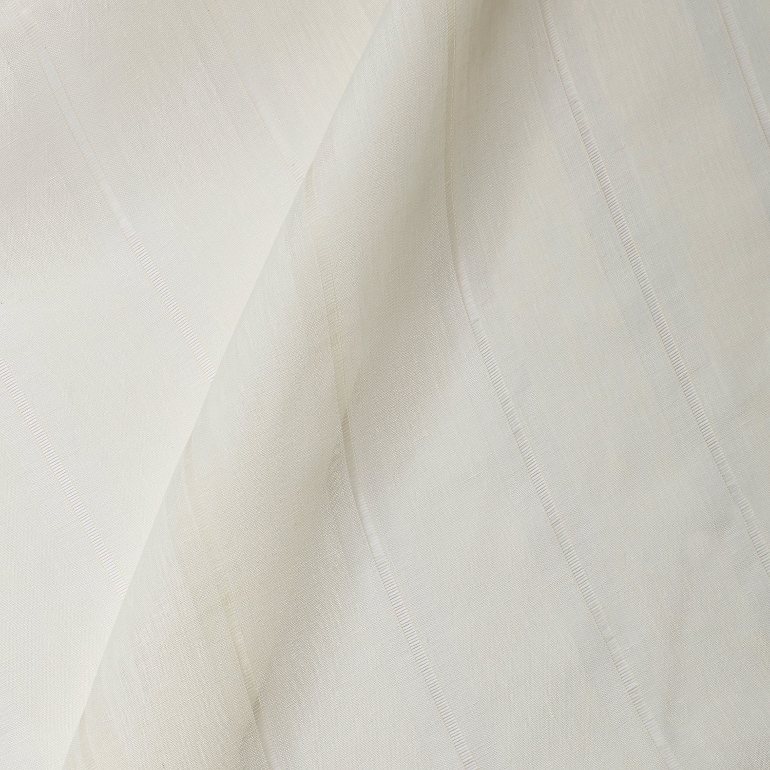 A draped swatch of sheer linen fabric in a cream color with a subtle striped pattern.