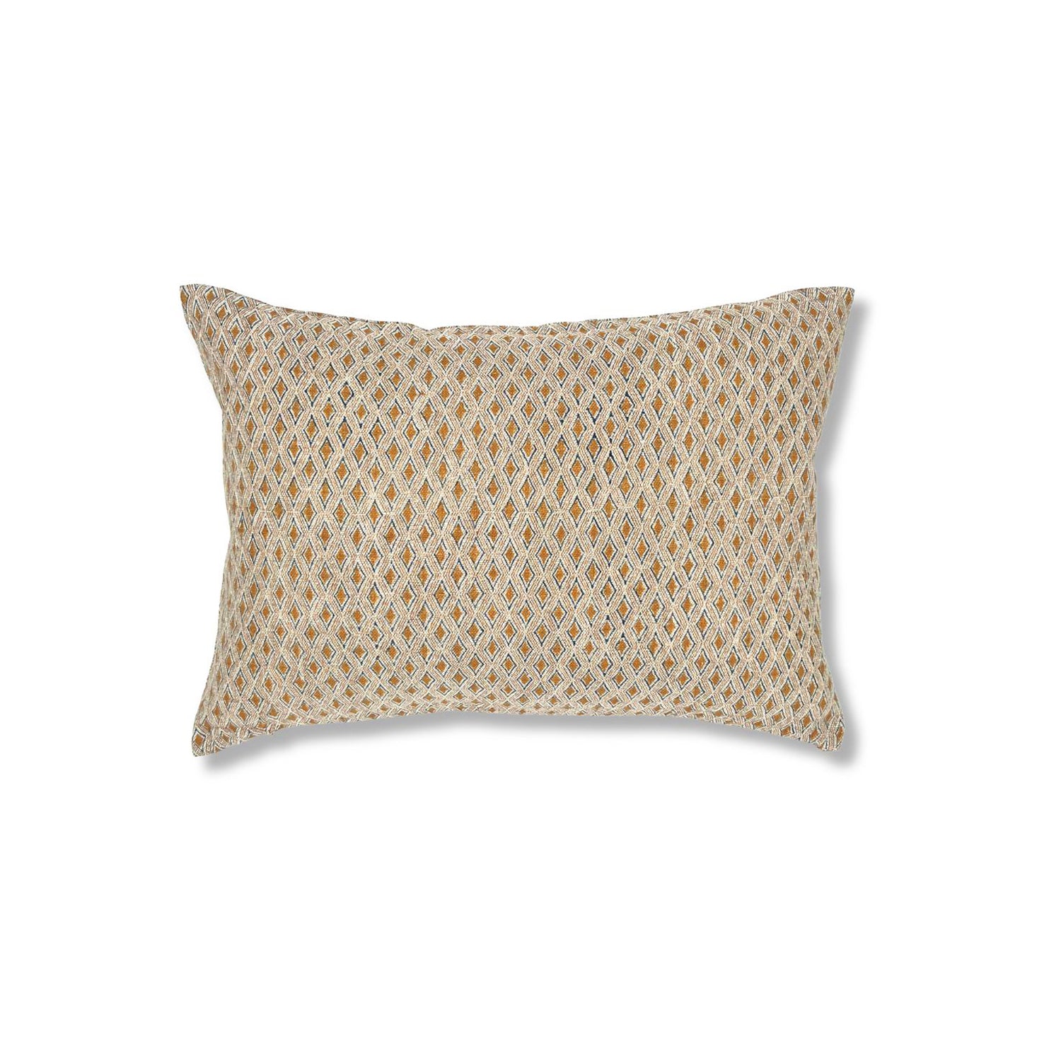 Block printed lumbar pillow with small scale diamond design in ochre and navy blue. 