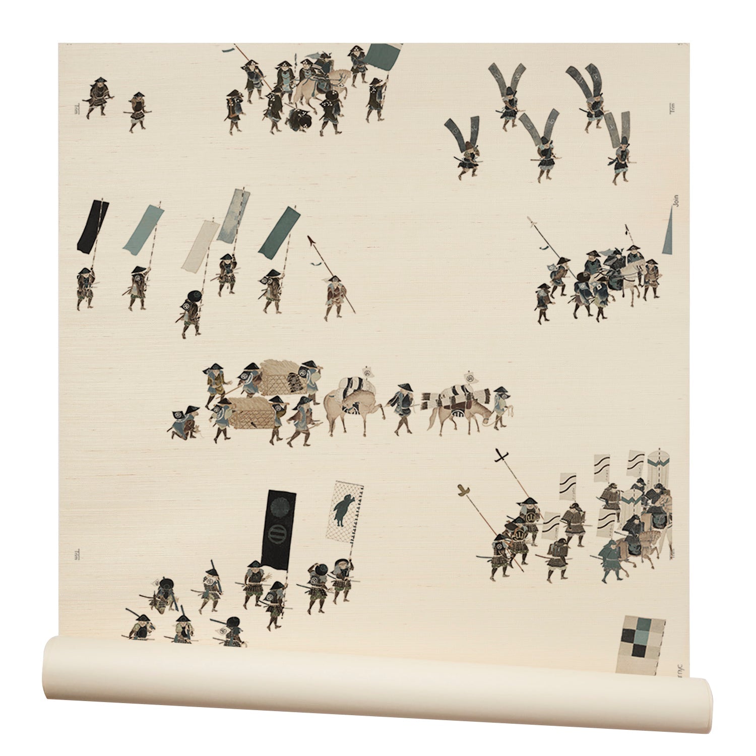 A roll of wallpaper in a design replicating 19th-century Japanese prints with a pattern of soldiers and horses carrying spears and flags.
