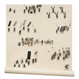 A roll of wallpaper in a design replicating 19th-century Japanese prints with a pattern of soldiers and horses carrying spears and flags.