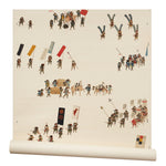 A roll of wallpaper in a design replicating 19th-century Japanese prints with a pattern of soldiers and horses carrying spears and flags.