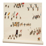 A roll of wallpaper in a design replicating 19th-century Japanese prints with a pattern of soldiers and horses carrying spears and flags.