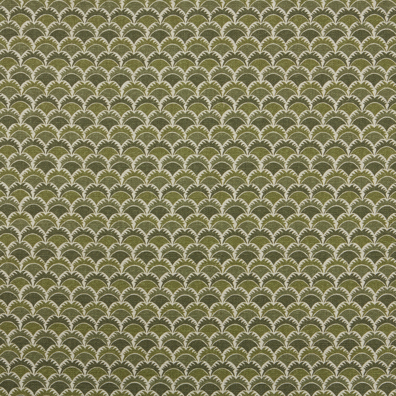 Swatch of fabric with a repeating Japanese-inspired scalloped pattern in shades of green, sage and tan.