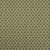 Swatch of fabric with a repeating Japanese-inspired scalloped pattern in shades of green, sage and tan.