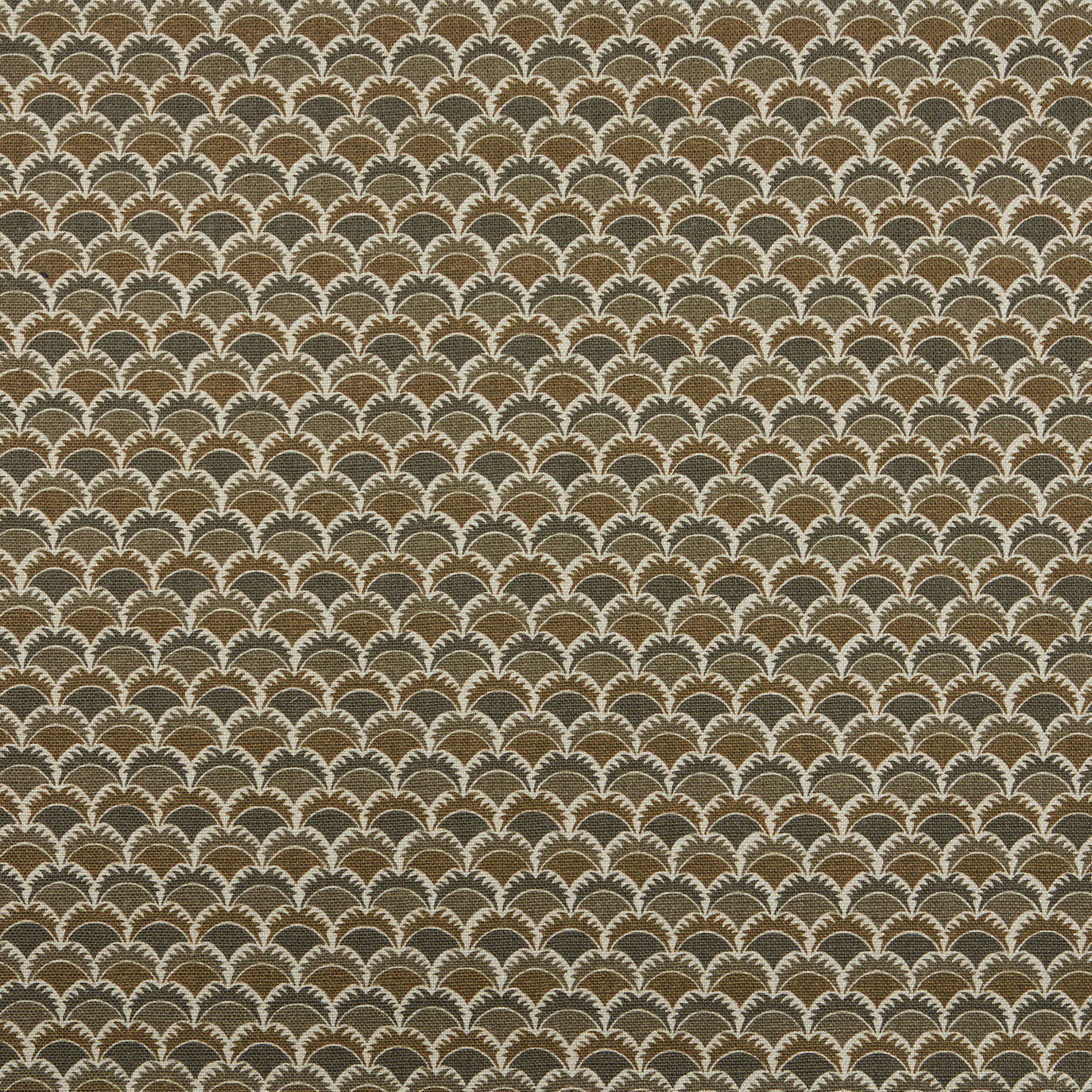 Swatch of fabric with a repeating Japanese-inspired scalloped pattern in shades of brown and tan.