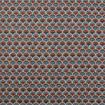 Swatch of fabric with a repeating Japanese-inspired scalloped pattern in shades of navy, blue and red. 