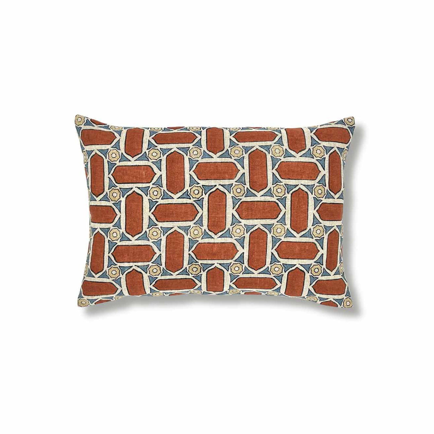Block printed lumbar pillow with geometric mosaic design in rust red, blue and tan.