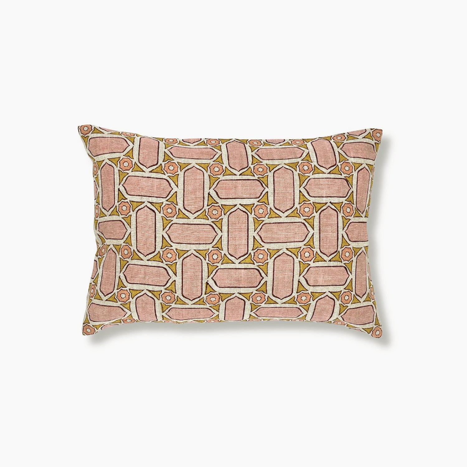 Block printed lumbar pillow with geometric mosaic design in light pink, lime green and wine purple. 