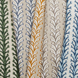 A row of folded fabric swatches, all in different colorways of the same striped branch pattern with tiny fruits.