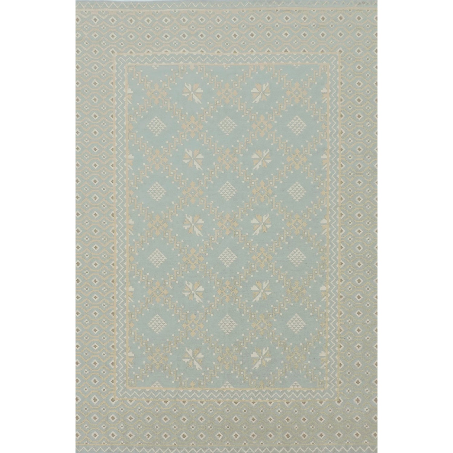 Patterned rug with geometric design on a light gray background