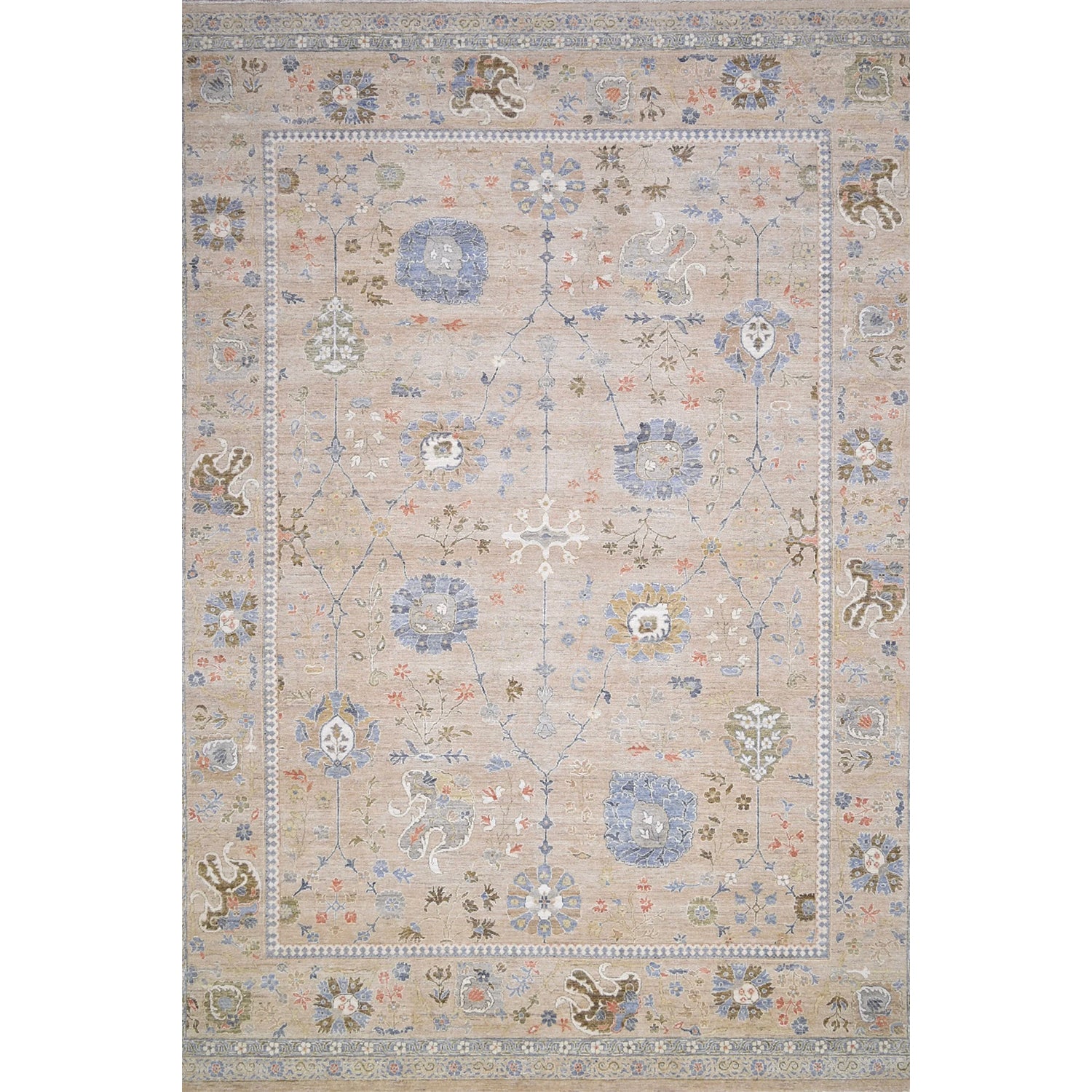Decorative rug with floral and animal patterns on a beige background