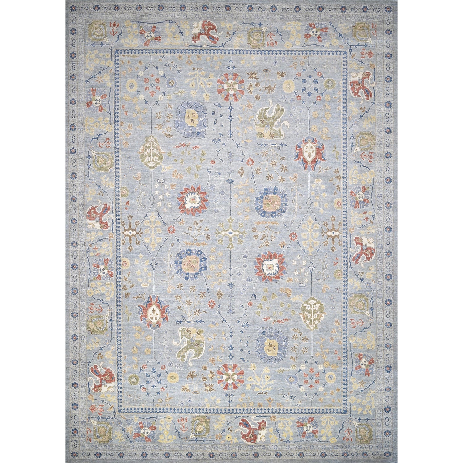 Decorative rug with floral patterns on a light blue background