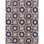Full image of decorative rug with floral scroll pattern pattern in blue and brown on a beige background