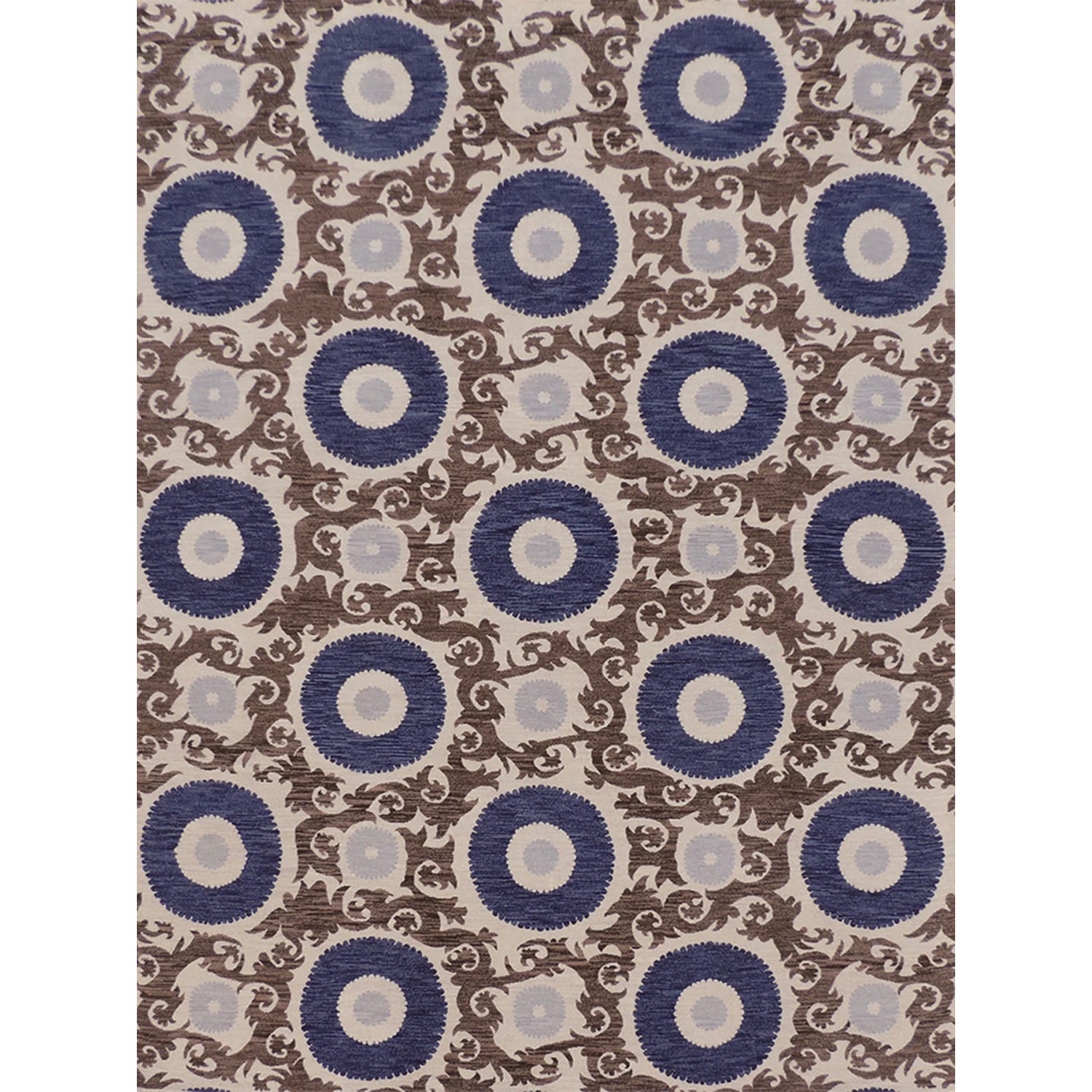 Full image of decorative rug with floral scroll pattern pattern in blue and brown on a beige background