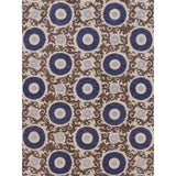 Full image of decorative rug with floral scroll pattern pattern in blue and brown on a beige background