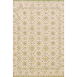 Handmade rug with with ornate green and cream design.
