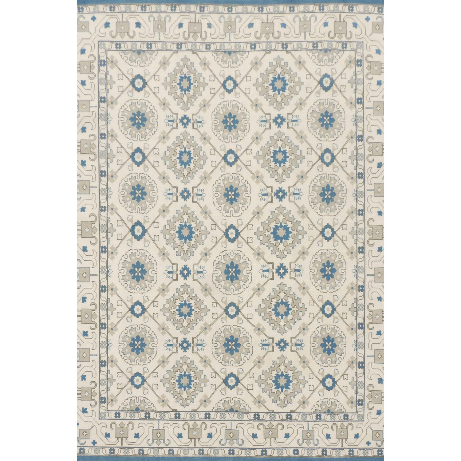 Decorative rug with geometric pattern in grey and blue on a white background