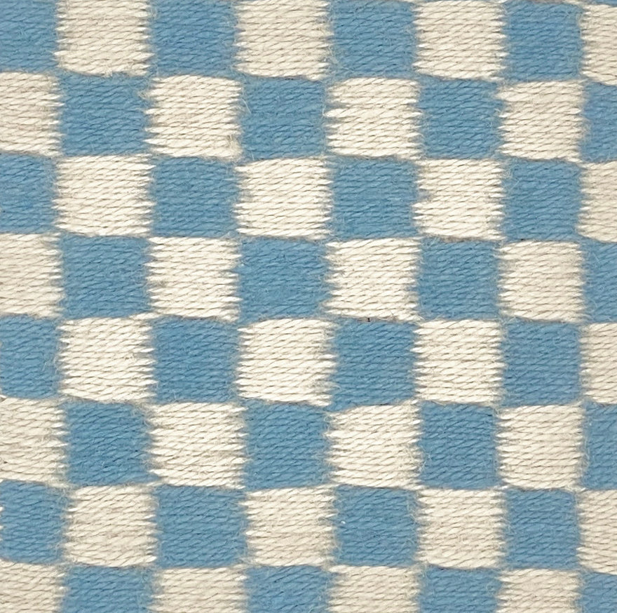 Checkered pattern rug with blue and white squares