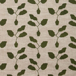 Fabric swatch with a three leafed plant in a pot motif in bottle green on a textured woven linen in oatmeal.