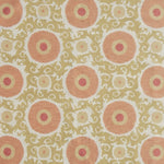 Handmade rug with floral and scroll designs in pink and green on a light background