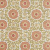 Handmade rug with floral and scroll designs in pink and green on a light background