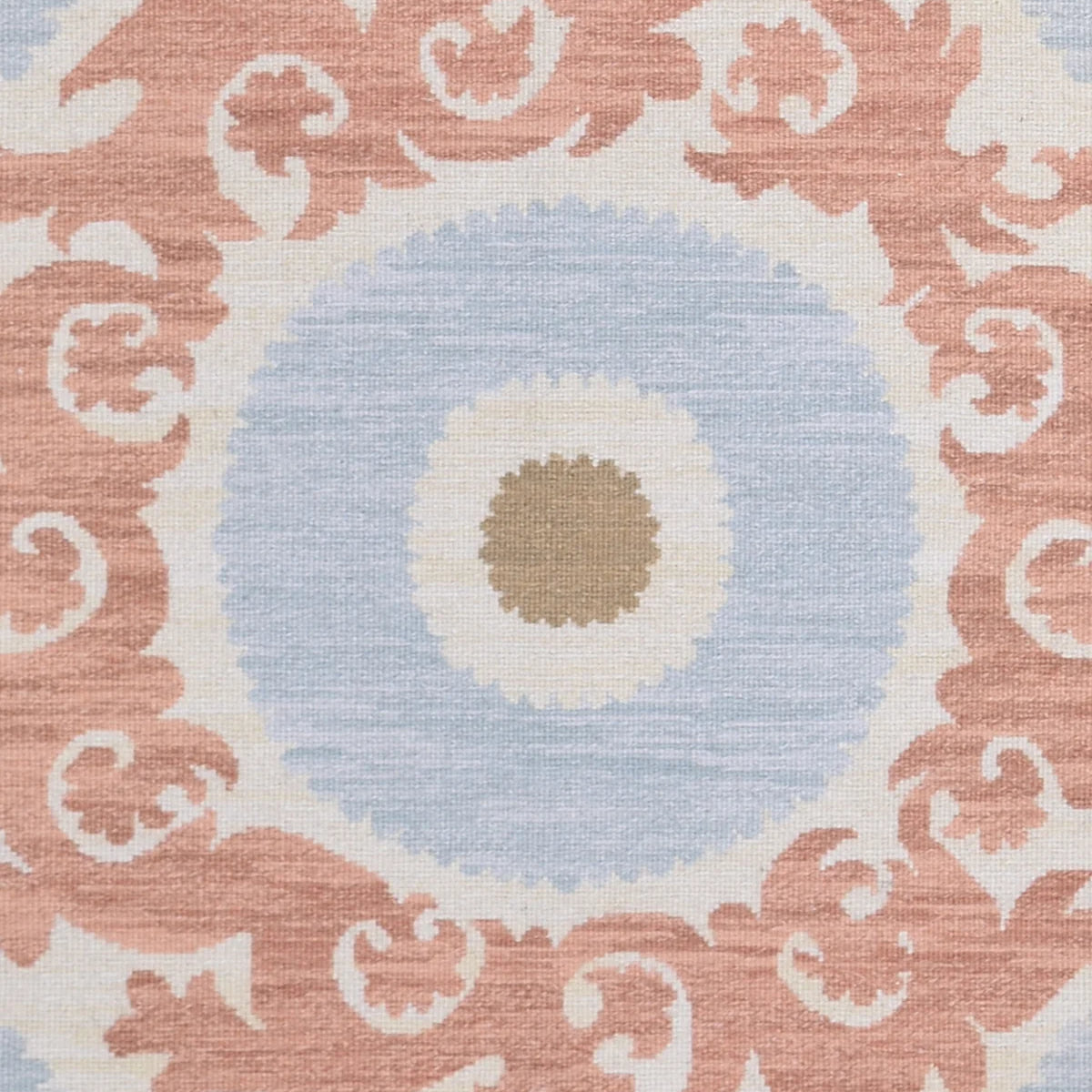 Decorative rug with floral scroll pattern pattern in pink, light blue and tan on a beige background