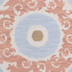 Decorative rug with floral scroll pattern pattern in pink, light blue and tan on a beige background