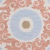 Decorative rug with floral scroll pattern pattern in pink, light blue and tan on a beige background