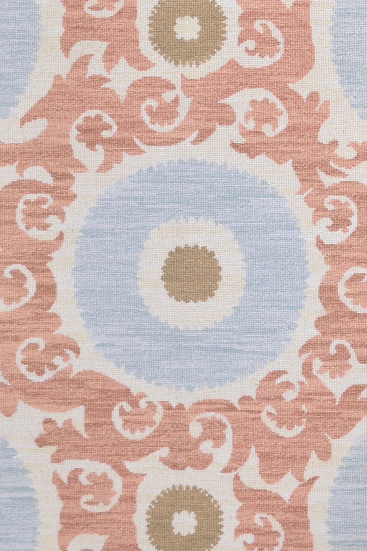 Decorative rug with floral scroll pattern pattern in pink, light blue and tan on a beige background