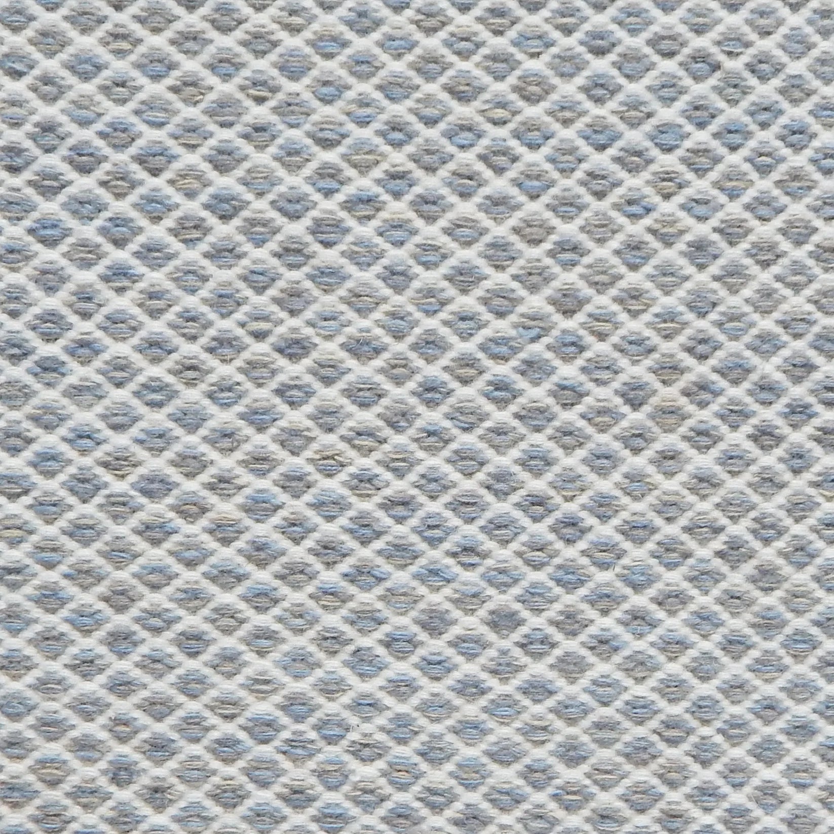 Flatweave rug with small scale lattice in white with light blue field. 