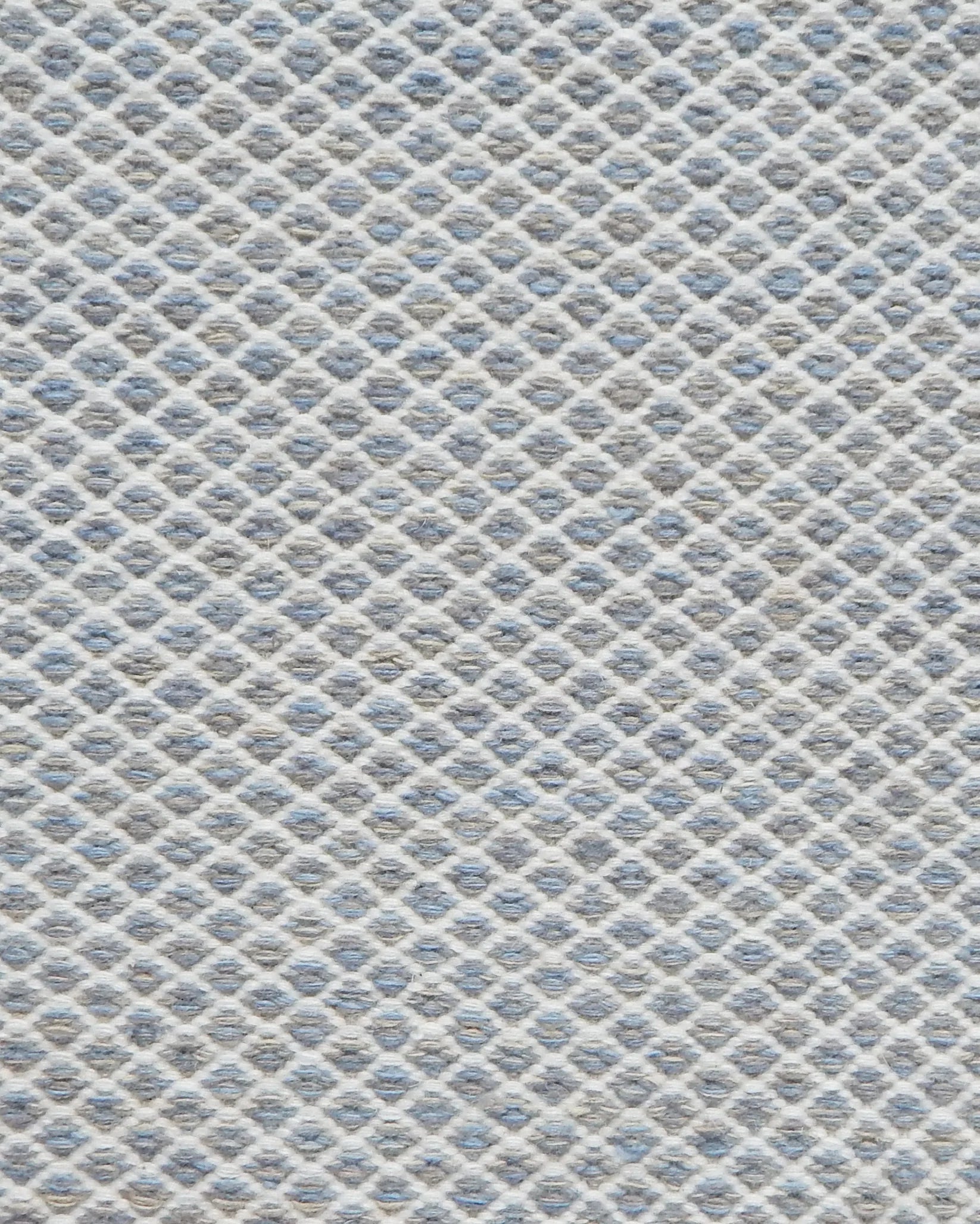Flatweave rug with small scale lattice in white with light blue field. 